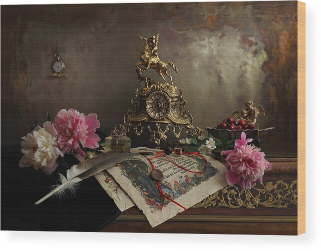 Clock Wood Print featuring the photograph Still Life With Clock And Peonies by Andrey Morozov