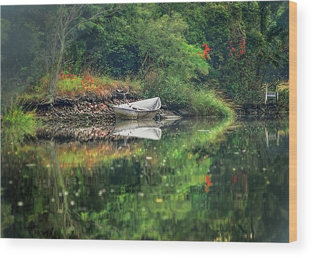 Rowboat Wood Print featuring the photograph White Aluminum Rowboat Docked at Blind Brook by Cordia Murphy