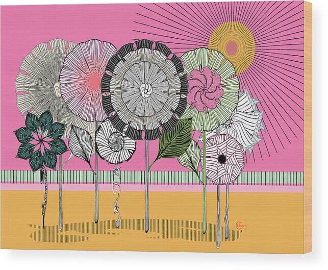 Summer Flowers Wood Print featuring the drawing Summer Flowers by Cecely Bloom
