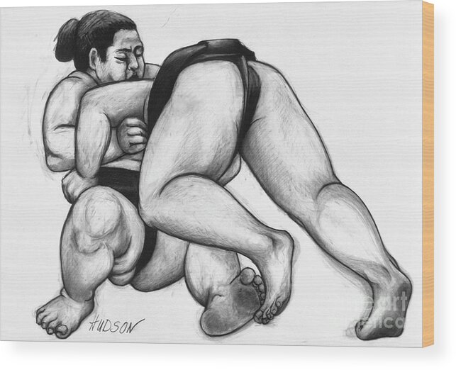 Sumo Drawing Wood Print featuring the drawing sumo drawing - Sumo Wrestlers by Sharon Hudson