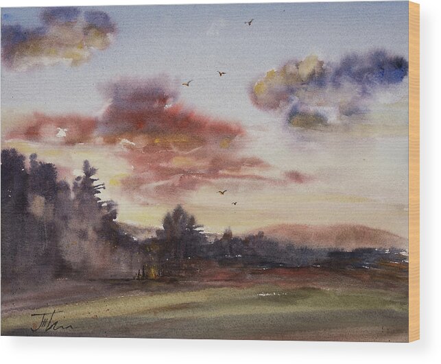 Watercolor Wood Print featuring the painting Sunset Bonfire by Judith Levins