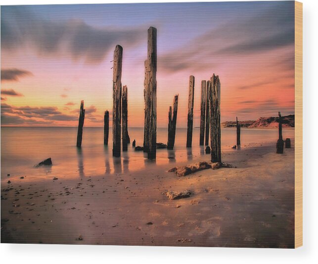 Scenics Wood Print featuring the photograph Sunset On Pier Ruins by Photo Art By Mandy