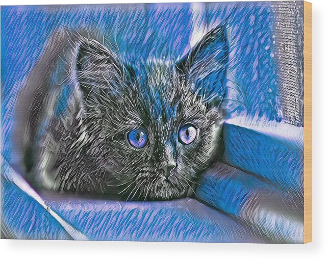 Blue Wood Print featuring the digital art Super Cool Black Cat Blue Eyes by Don Northup