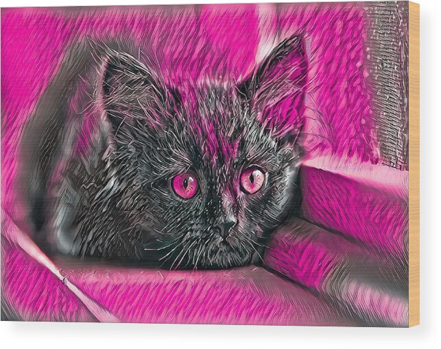 Pink Wood Print featuring the digital art Super Cool Black Cat Pink Eyes by Don Northup