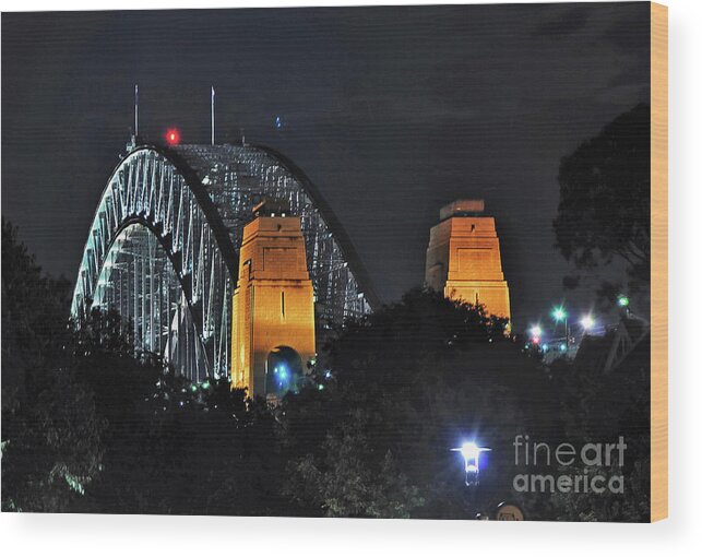 Sydney Harbour Bridge By Night Wood Print featuring the photograph Sydney Harbour Bridge by Night - Different perspective by Kaye Menner