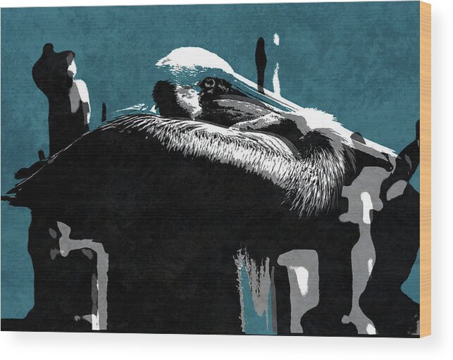 Pelican Wood Print featuring the mixed media Teal Pelican by Kandy Hurley