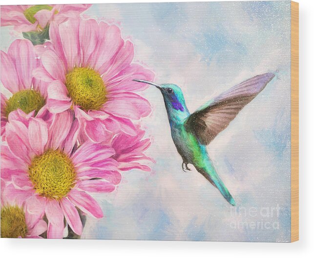 Hummingbird Wood Print featuring the painting Testing The Daisies by Tina LeCour
