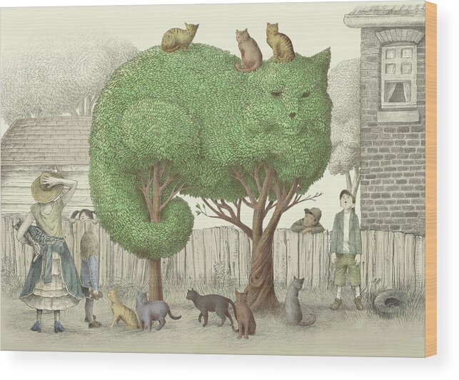 Cat Wood Print featuring the drawing The Cat Tree by Eric Fan