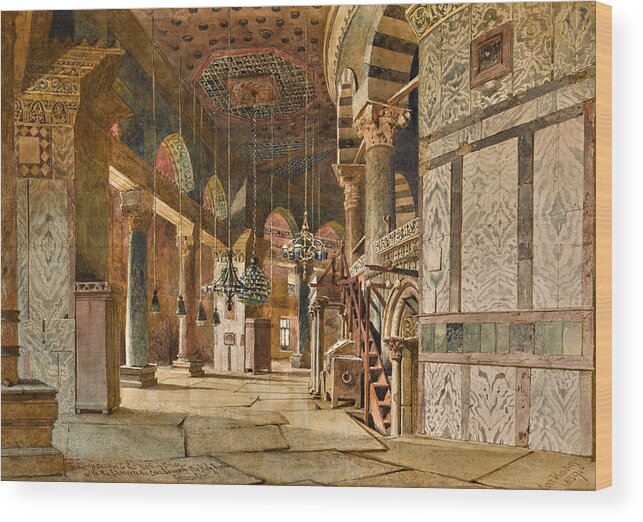 Carl Haag Wood Print featuring the drawing The Inner Corridor of the Dome of the Rock, Jerusalem by Carl Haag