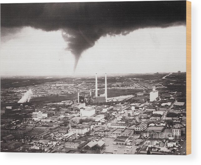 Industrial District Wood Print featuring the photograph Tornado Moving Through Dallas by Bettmann