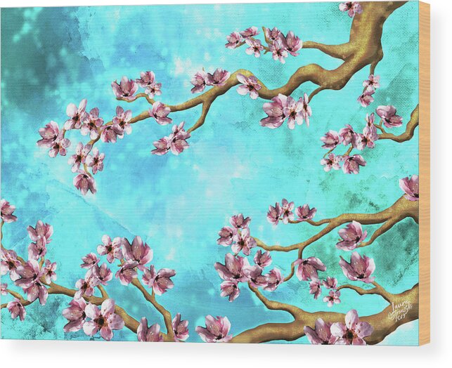 Cherry Blossoms Wood Print featuring the digital art Tranquility Blossoms in Blue and Pink by Laura Ostrowski