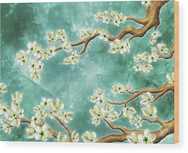 Cherry Blossoms Wood Print featuring the digital art Tranquility Blossoms in Teal by Laura Ostrowski