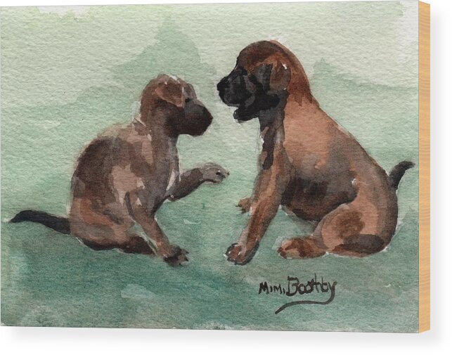 Malinois Wood Print featuring the painting Two Malinois Puppies by Mimi Boothby