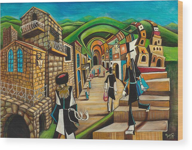Nature Wood Print featuring the painting Tzfat The Way I See It by Yom Tov Blumenthal