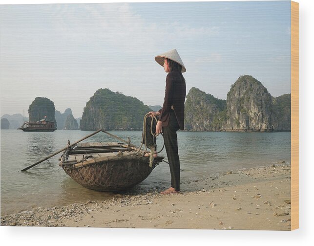 People Wood Print featuring the photograph Vietnam,halong Bay,woman With Boat by Martin Puddy