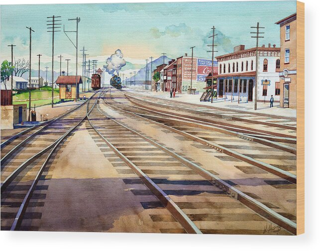 Vintage Wood Print featuring the painting Vintage Color Columbia Rail Yards by Mick Williams