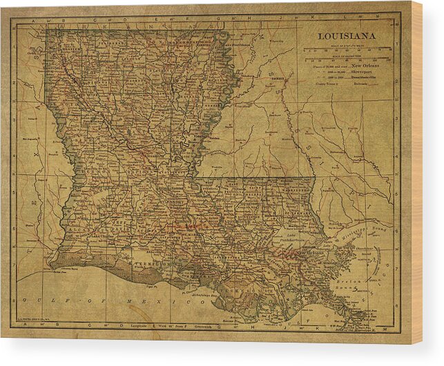 Vintage Wood Print featuring the mixed media Vintage Map of Louisiana by Design Turnpike