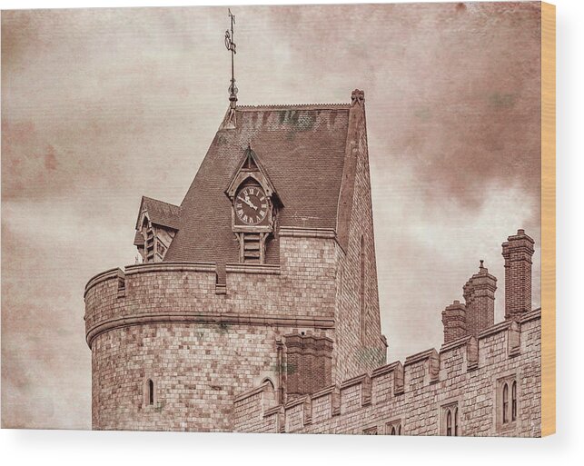 Windsor Wood Print featuring the photograph Windsor Castle Clock Tower, Antiqued Version by Marcy Wielfaert