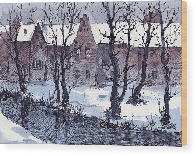 Russian Artists New Wave Wood Print featuring the drawing Winter Bruges by Ina Petrashkevich