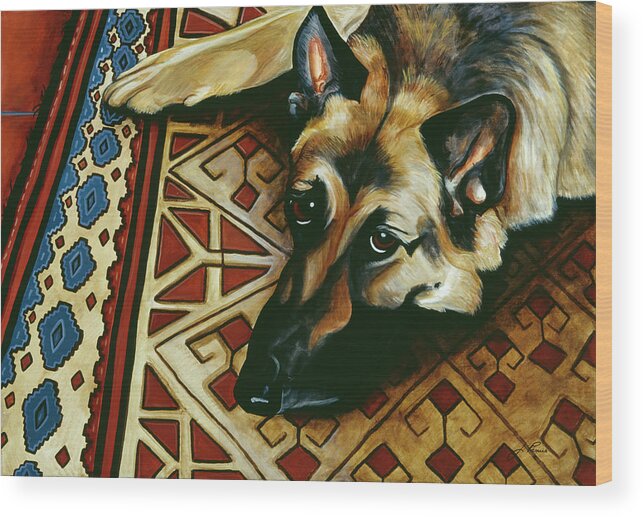 German Shepherd Laying On Persian Rug Wood Print featuring the painting Wolfie by Jan Panico