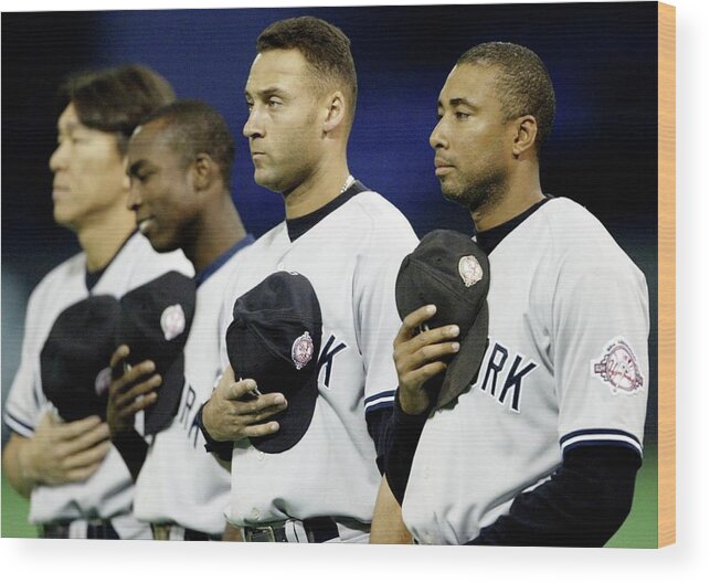 Hubert H. Humphrey Metrodome Wood Print featuring the photograph Yankees Listen To The National Athem by Elsa