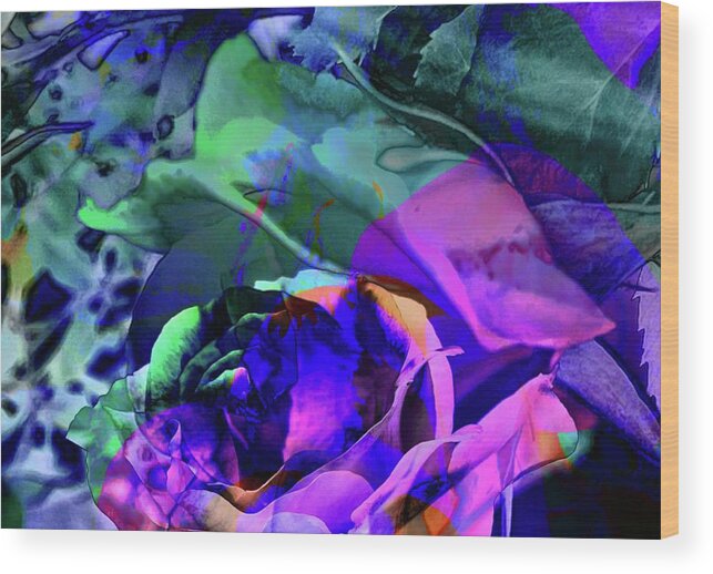 Abstract Roses Purple Green Blue Black Lavender Pink Wood Print featuring the digital art Abstract Roses #1 by Kathleen Boyles