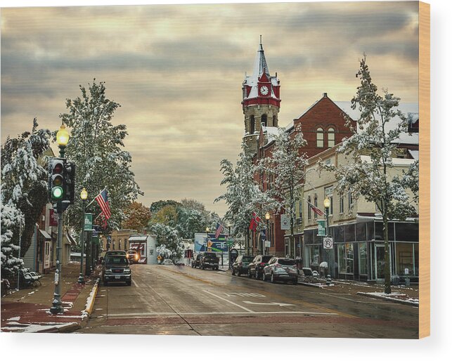 Stoughton Wood Print featuring the photograph Beautiful Bedazzled Burg - Stoughton Wisconsin dusted with snow with fall colors still showing by Peter Herman