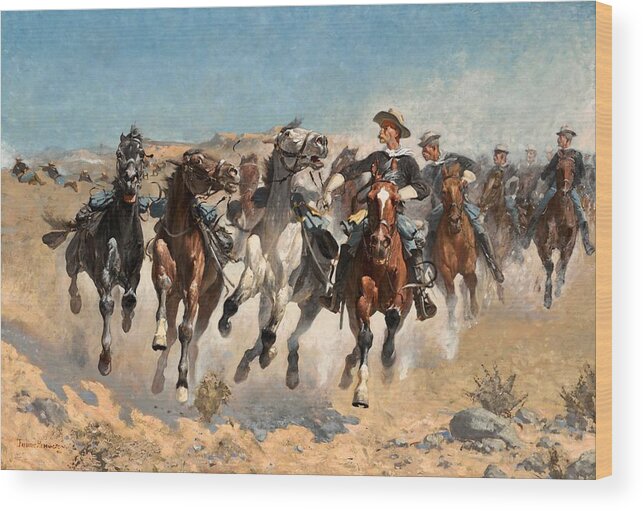 Cavalry Wood Print featuring the painting Dismounted The Fourth Troopers Moving the Led Horses #2 by Frederic Remington
