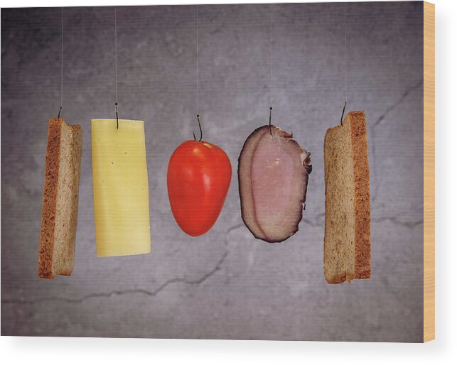 Breakfast Wood Print featuring the photograph Fresh healthy sandwich ingredients. Cheese, tomato, meat, bread and halloumi #1 by Michalakis Ppalis