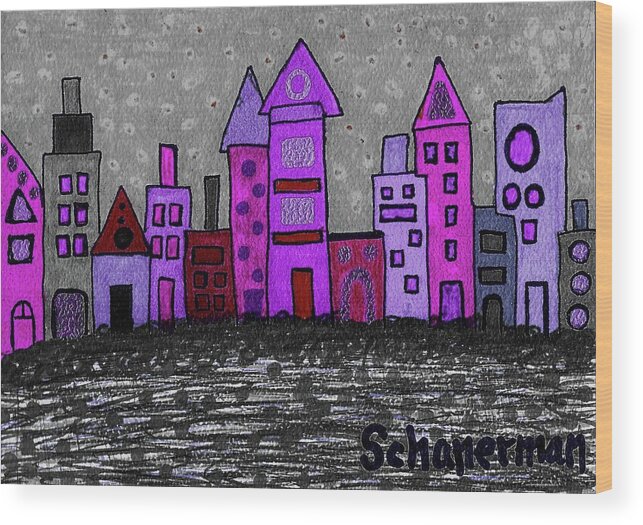 Original Drawing Wood Print featuring the drawing Funky Skyline #1 by Susan Schanerman