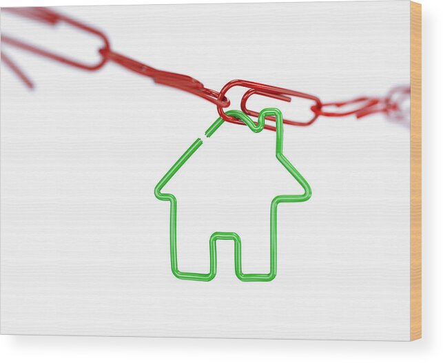 Paper Clip Wood Print featuring the photograph House shape attached to a paperclip chain #1 by I Like That One