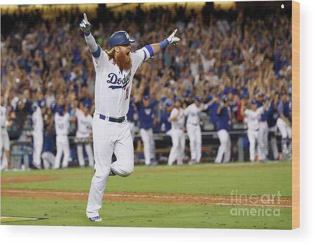 Game Two Wood Print featuring the photograph Justin Turner by Ezra Shaw