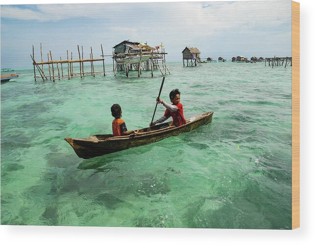 Sea Wood Print featuring the photograph Neptune's Children - Sea Gypsy Village, Sabah. Malaysian Borneo by Earth And Spirit