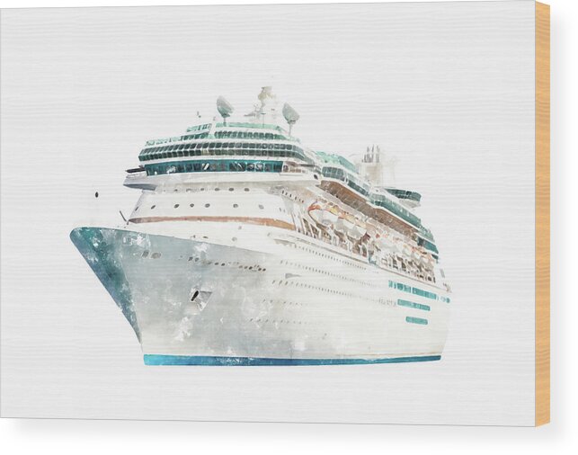 Drawing Wood Print featuring the digital art Watercolor drawing of cruise ship isolated on white background, modern ocean liner by Maria Kray