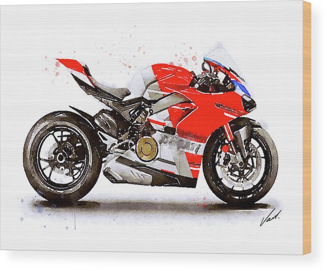 Sport Wood Print featuring the painting Watercolor Ducati Panigale V4S motorcycle, oryginal artwork by Vart by Vart Studio