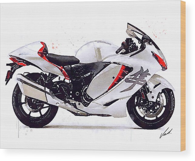 Sport Wood Print featuring the painting Watercolor Suzuki Hayabusa GSX 1300R motorcycle - oryginal artwork by Vart. by Vart Studio