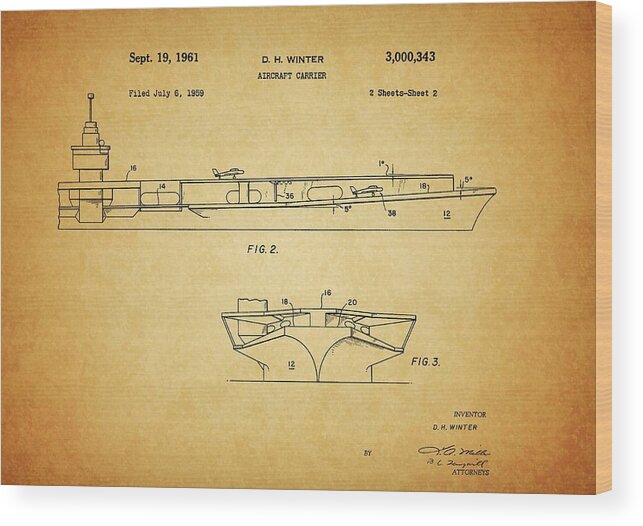 1961 Aircraft Carrier Patent Wood Print featuring the drawing 1961 Aircraft Carrier Patent by Dan Sproul