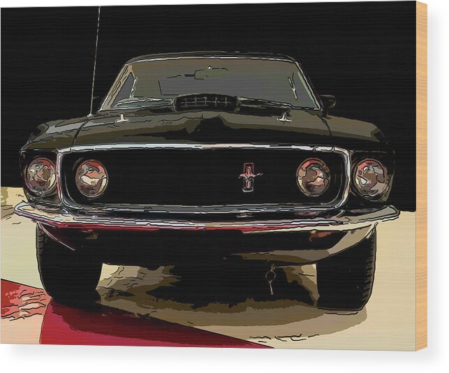 1969 Ford Mustang Wood Print featuring the drawing 1969 Ford Mustang Digital drawing by Flees Photos