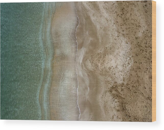 Golden Sand Wood Print featuring the photograph Aerial view drone of empty tropical sandy beach with golden sand. Seascape background by Michalakis Ppalis