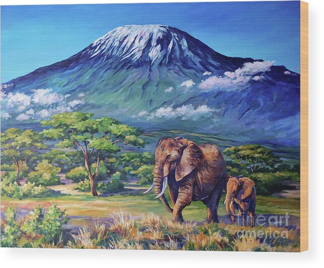 Elephants Wood Print featuring the painting Homeward Bound #2 by John Clark