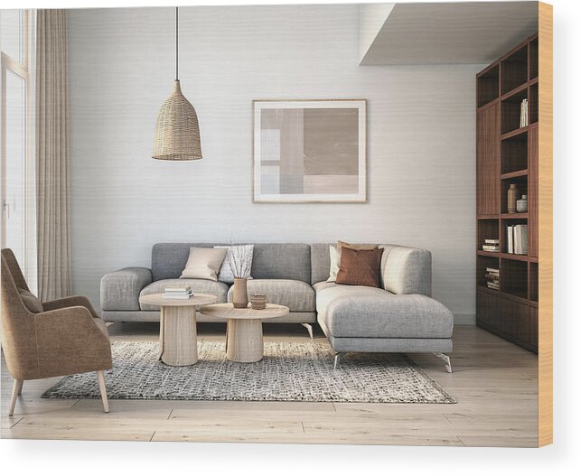 Rug Wood Print featuring the photograph Modern scandinavian living room interior - 3d render by CreativaStudio