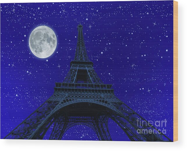 Tour Eiffel Wood Print featuring the photograph Tour Eiffel at night with fullmoon #5 by Benny Marty