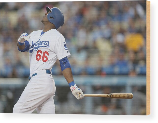Sports Ball Wood Print featuring the photograph Yasiel Puig #6 by Stephen Dunn