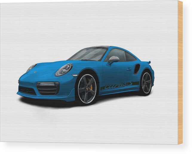 Sports Car Wood Print featuring the digital art 911 Turbo S Blue by Moospeed Art