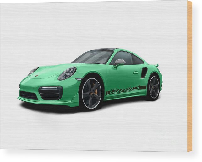 Sports Car Wood Print featuring the digital art 911 Turbo S Green by Moospeed Art