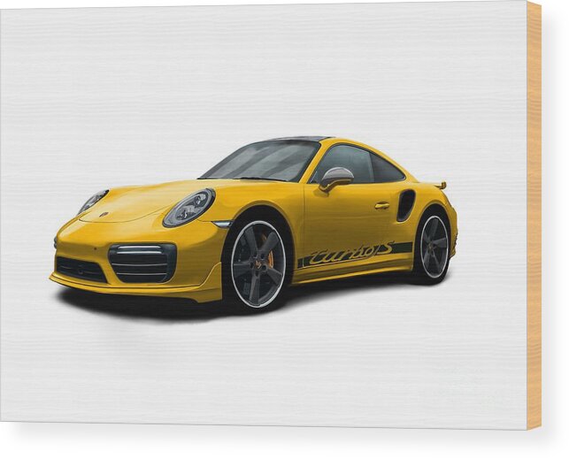Sports Car Wood Print featuring the digital art 911 Turbo S Yellow by Moospeed Art