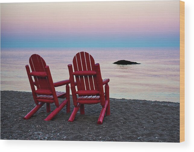 Lake Wood Print featuring the photograph A Superior View - red chairs and Lake Superior sunset at Lutsen Resort by Peter Herman