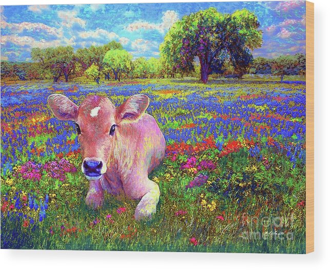 Floral Wood Print featuring the painting A Very Content Cow by Jane Small