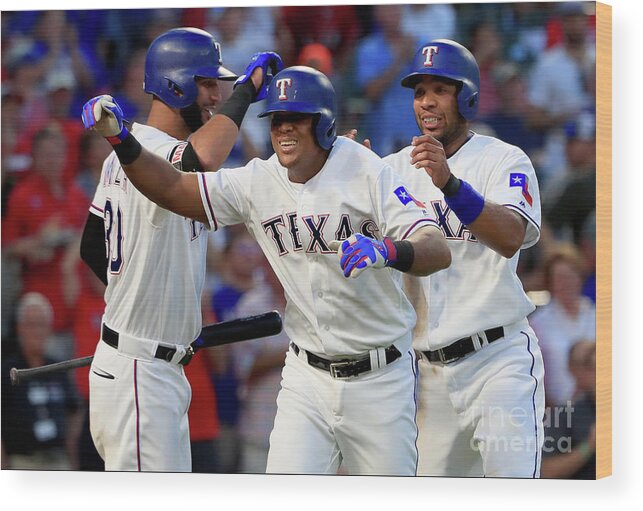 Adrian Beltre Wood Print featuring the photograph Adrian Beltre, Elvis Andrus, and Nomar Mazara by Tom Pennington