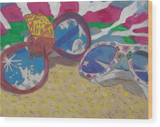 Beach Wood Print featuring the drawing At the Beach Sunglasses Lying on the Sand with a Hermit Crab and Beach Towel by Ali Baucom